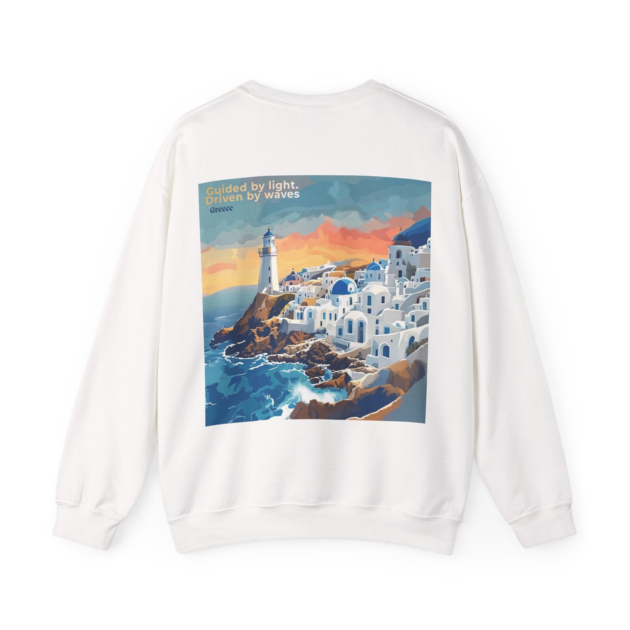 Guided by Light. Driven by waves. Coastal village Crewneck Sweatshirt | Greece Travel Poster
